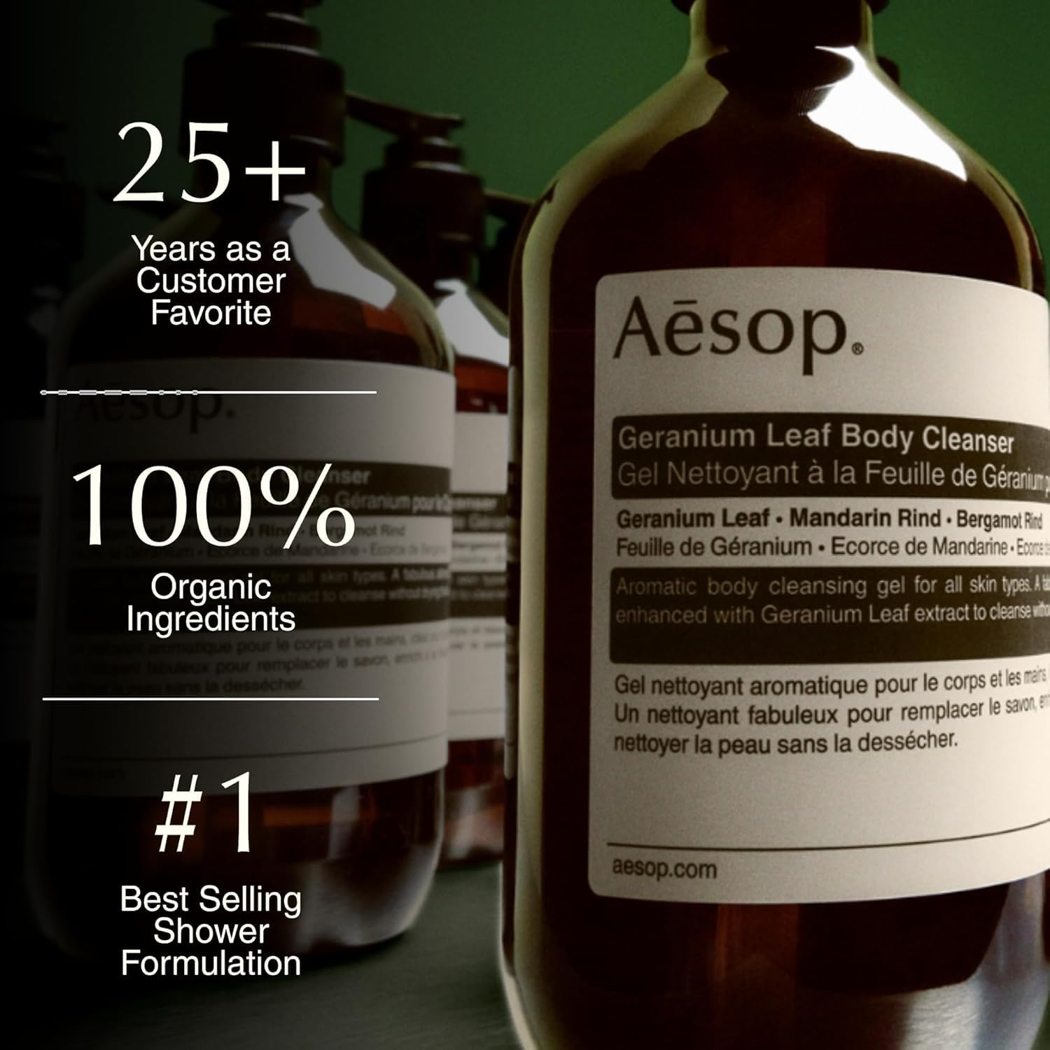 Aesop Geranium Leaf Body Cleanser refill bottle-label detail notes geranium, mandarin and bergamot ingredients