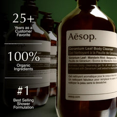 Aesop Geranium Leaf Body Cleanser refill bottle-label detail notes geranium, mandarin and bergamot ingredients