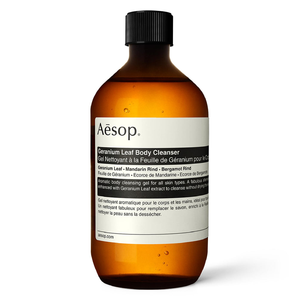 Aesop Geranium Leaf Body Cleanser refill bottle pour offers a refreshing morning cleanse