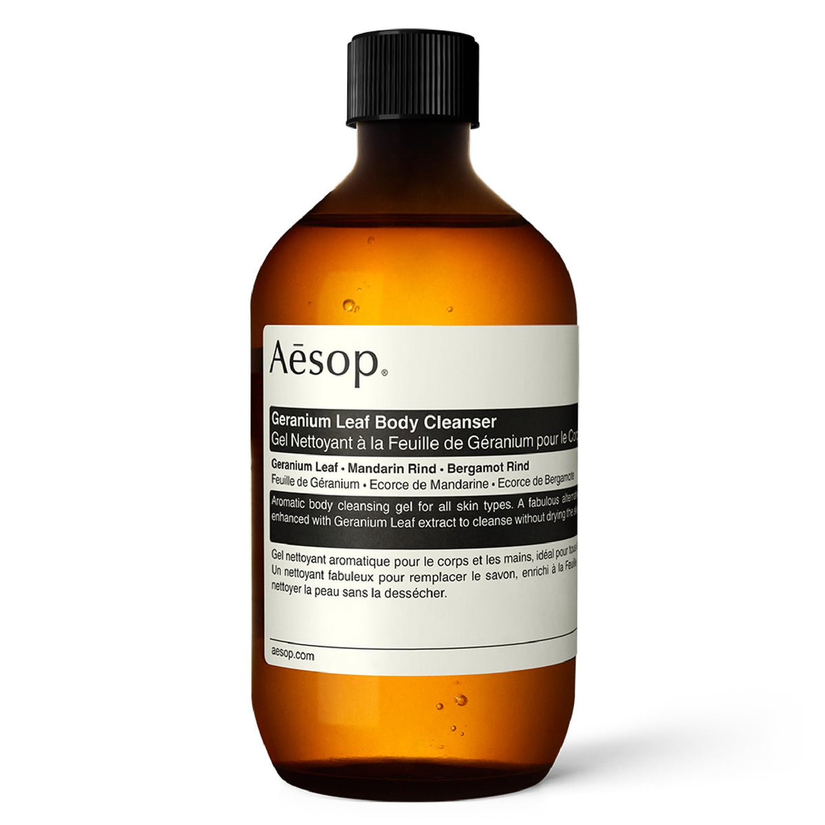 Aesop Geranium Leaf Body Cleanser refill bottle pour offers a refreshing morning cleanse