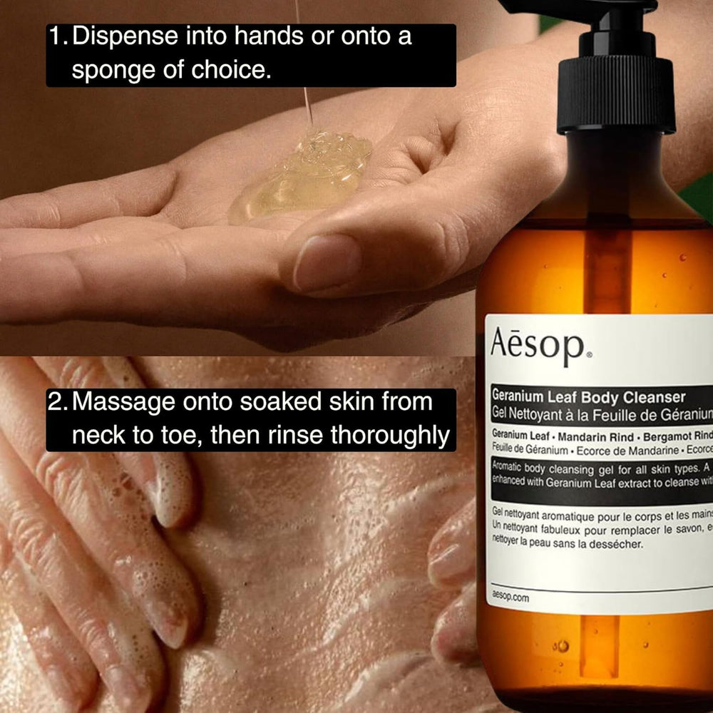 Aesop Geranium Leaf Body Cleanser refill ingredients highlight geranium leaf, mandarin rind, bergamot rind