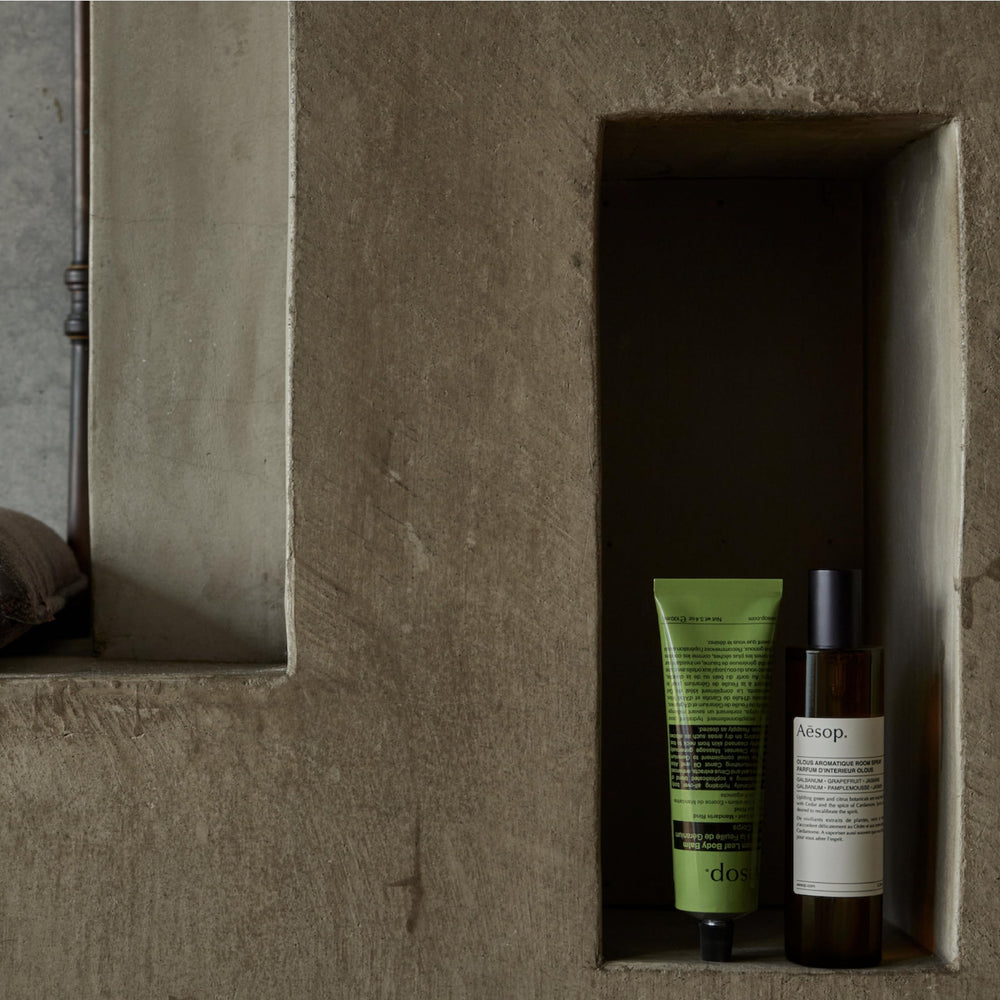 Aesop Geranium Leaf Exfoliating Body Scrub bamboo stem graphic highlights natural exfoliant