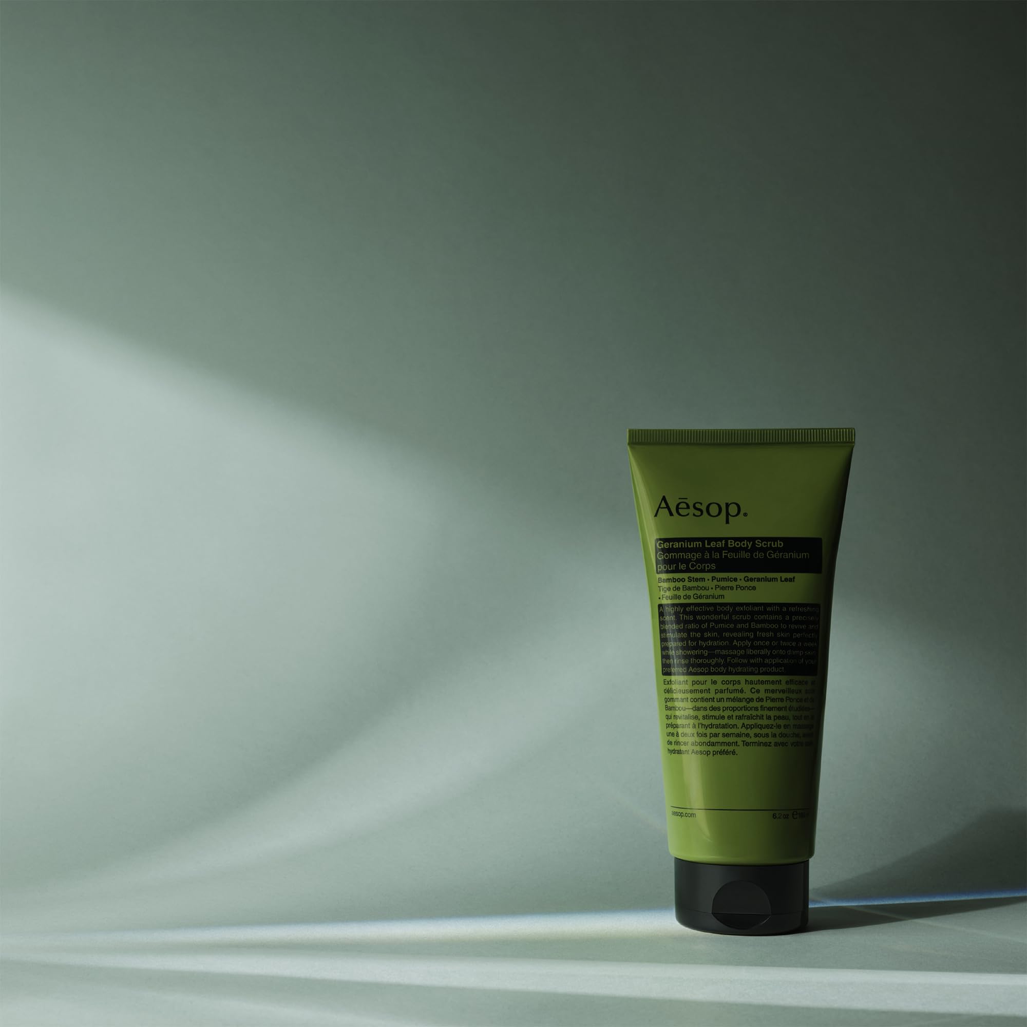 Aesop Geranium Leaf Exfoliating Body Scrub geranium leaf close-up and fragrance cue