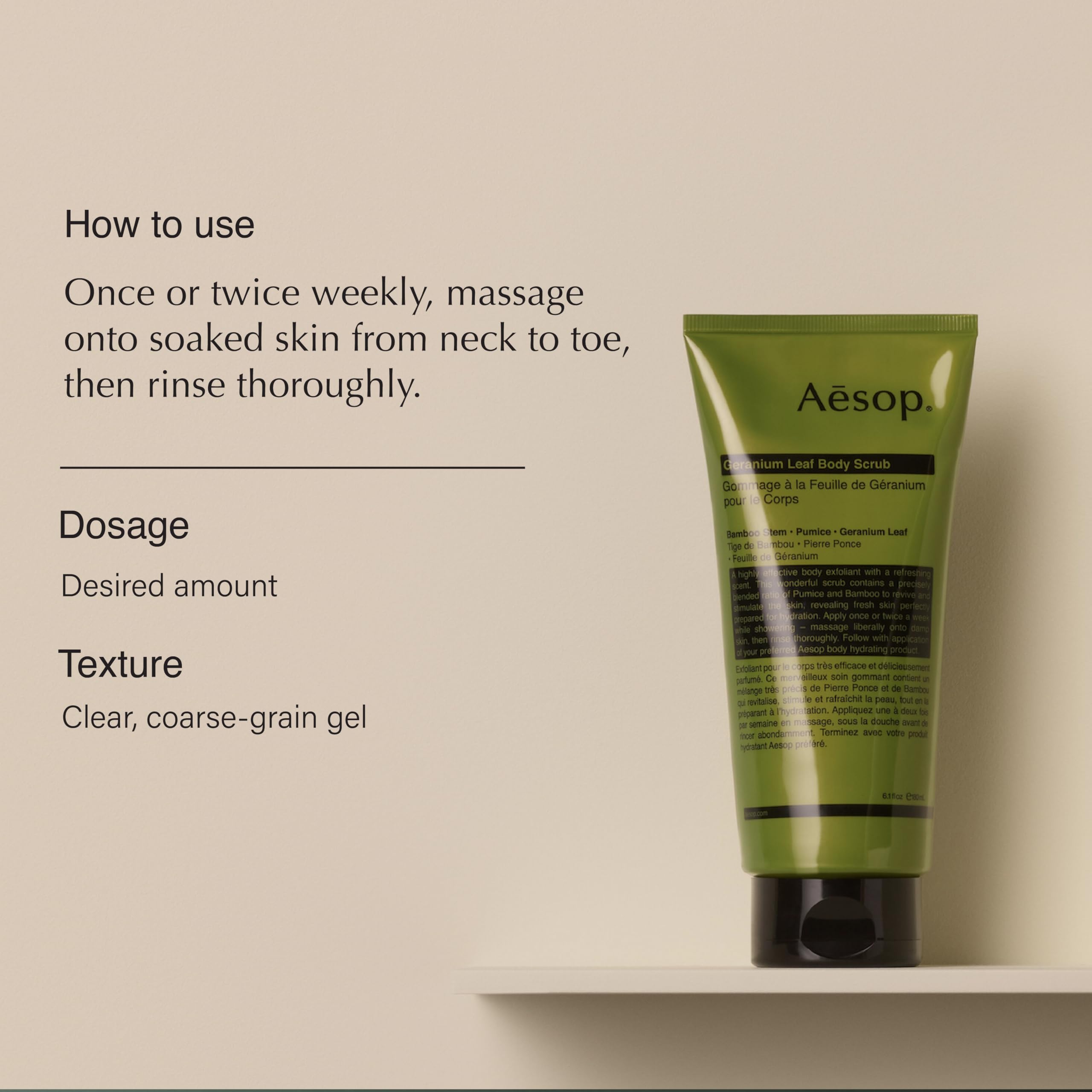 Aesop Geranium Leaf Exfoliating Body Scrub texture close-up highlights gentle pumice granules