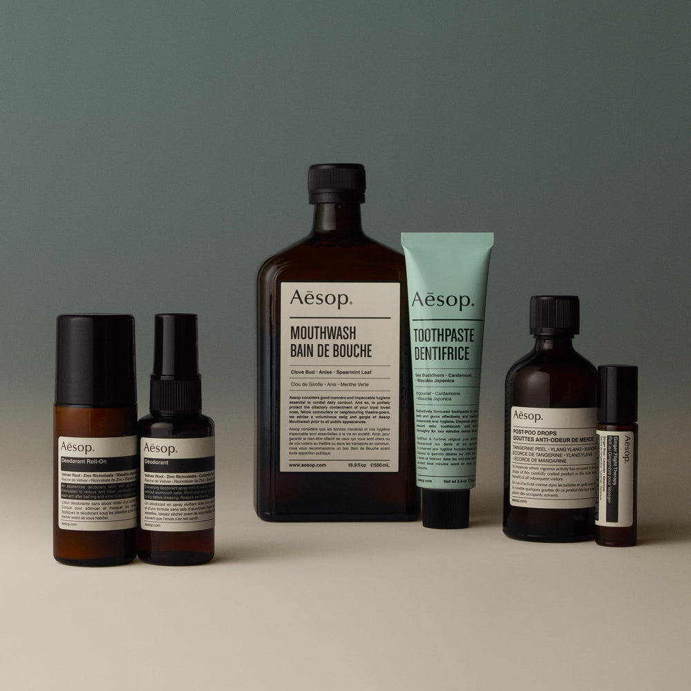 Roll-on application underarm with Aesop Herbal Deodorant Roll-On for quick daily use.
