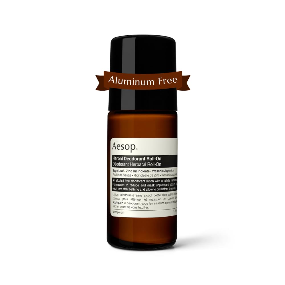 Aesop Herbal Deodorant Roll-On bottle front with sage leaf formula for fresh underarms.