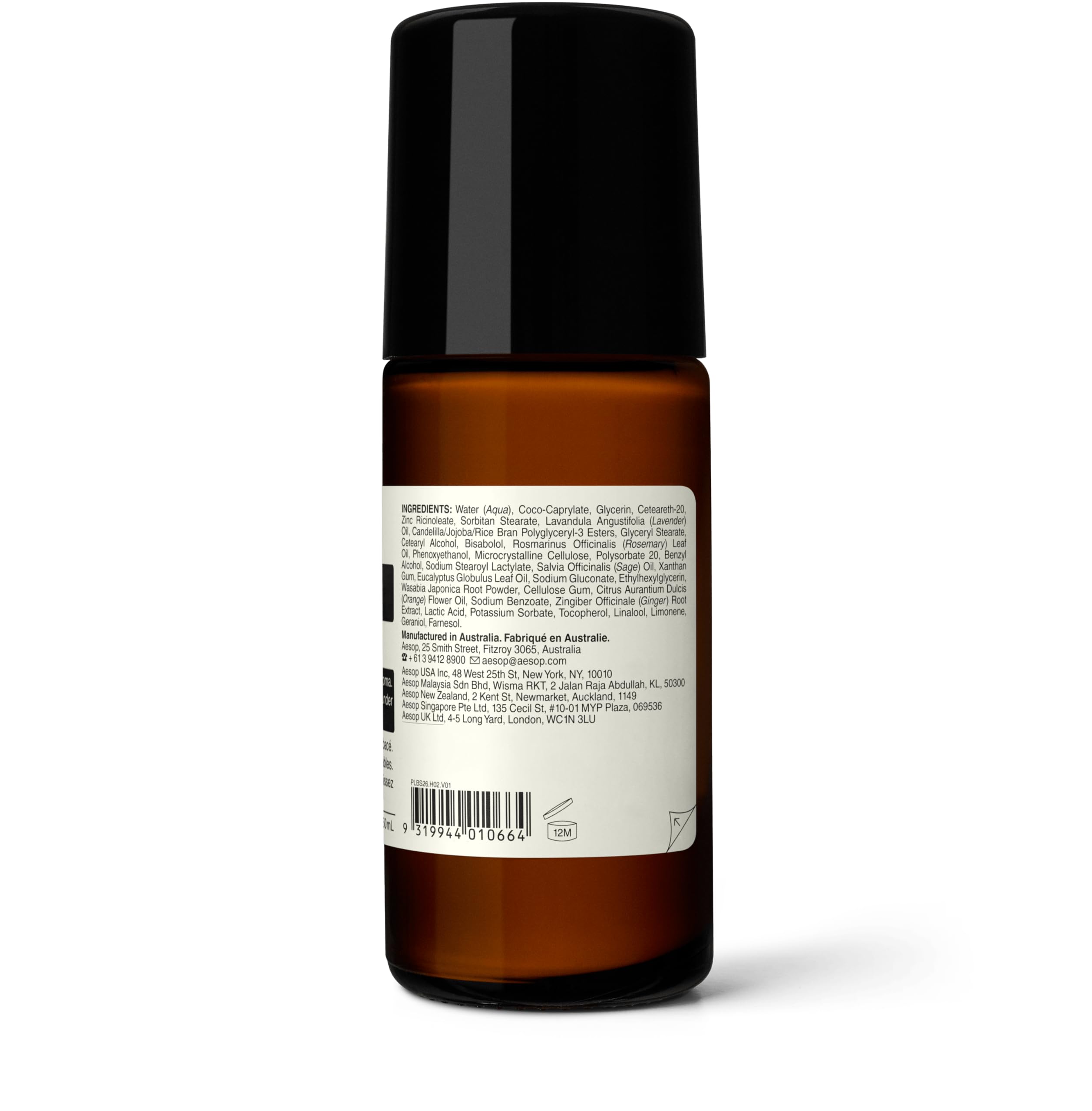 Sustainable packaging of Aesop Herbal Deodorant Roll-On from recycled plastics.