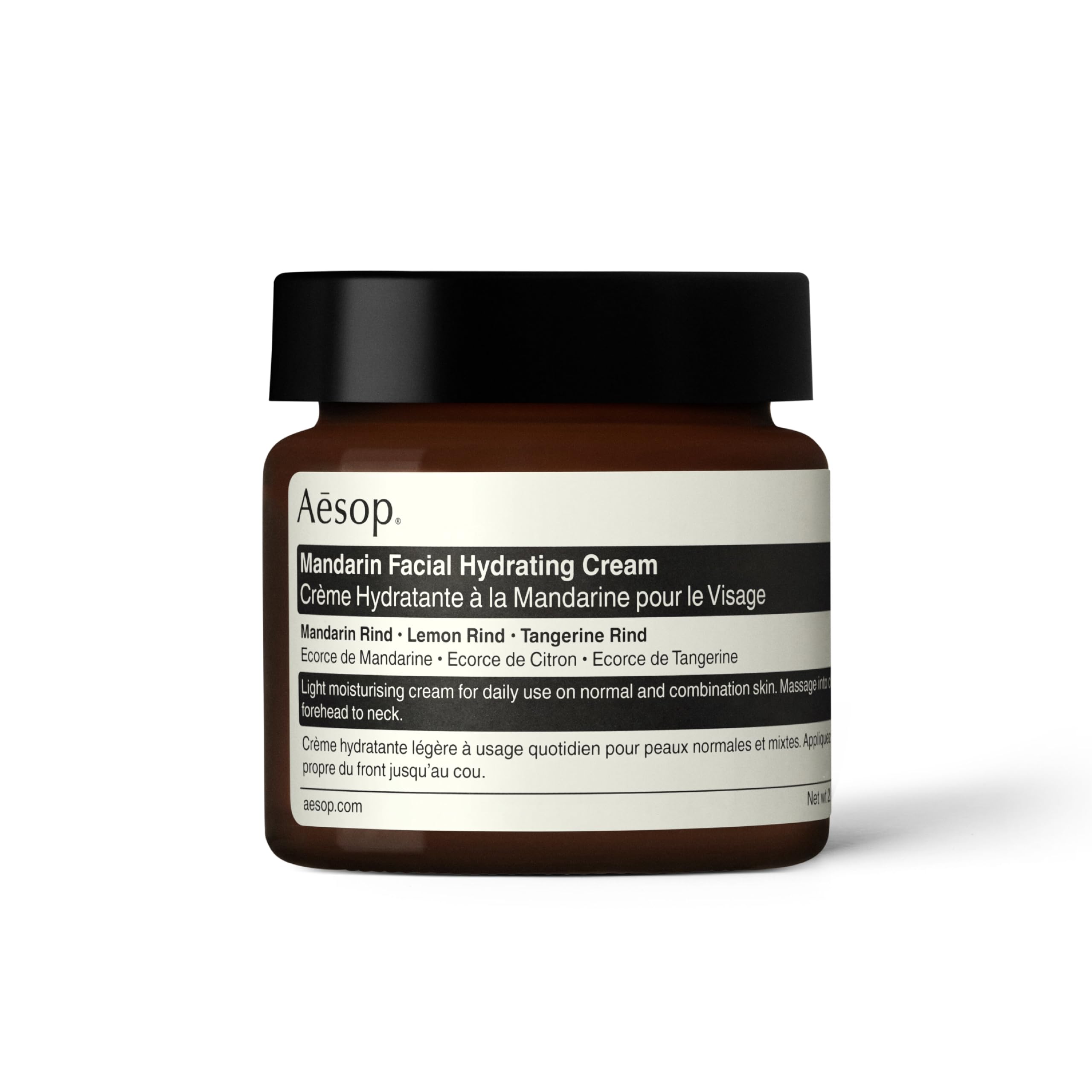 Aesop Mandarin Facial Hydrating Cream bottle close-up, cooling citrus blend for balanced skin.