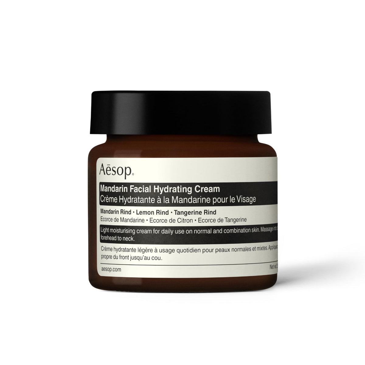 Aesop Mandarin Facial Hydrating Cream bottle close-up, cooling citrus blend for balanced skin.