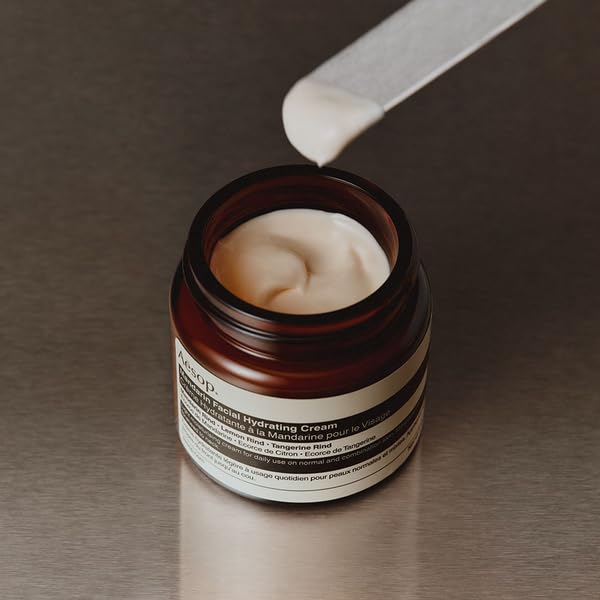 Aesop Mandarin Facial Hydrating Cream label close-up, vegan and cruelty-free credentials.