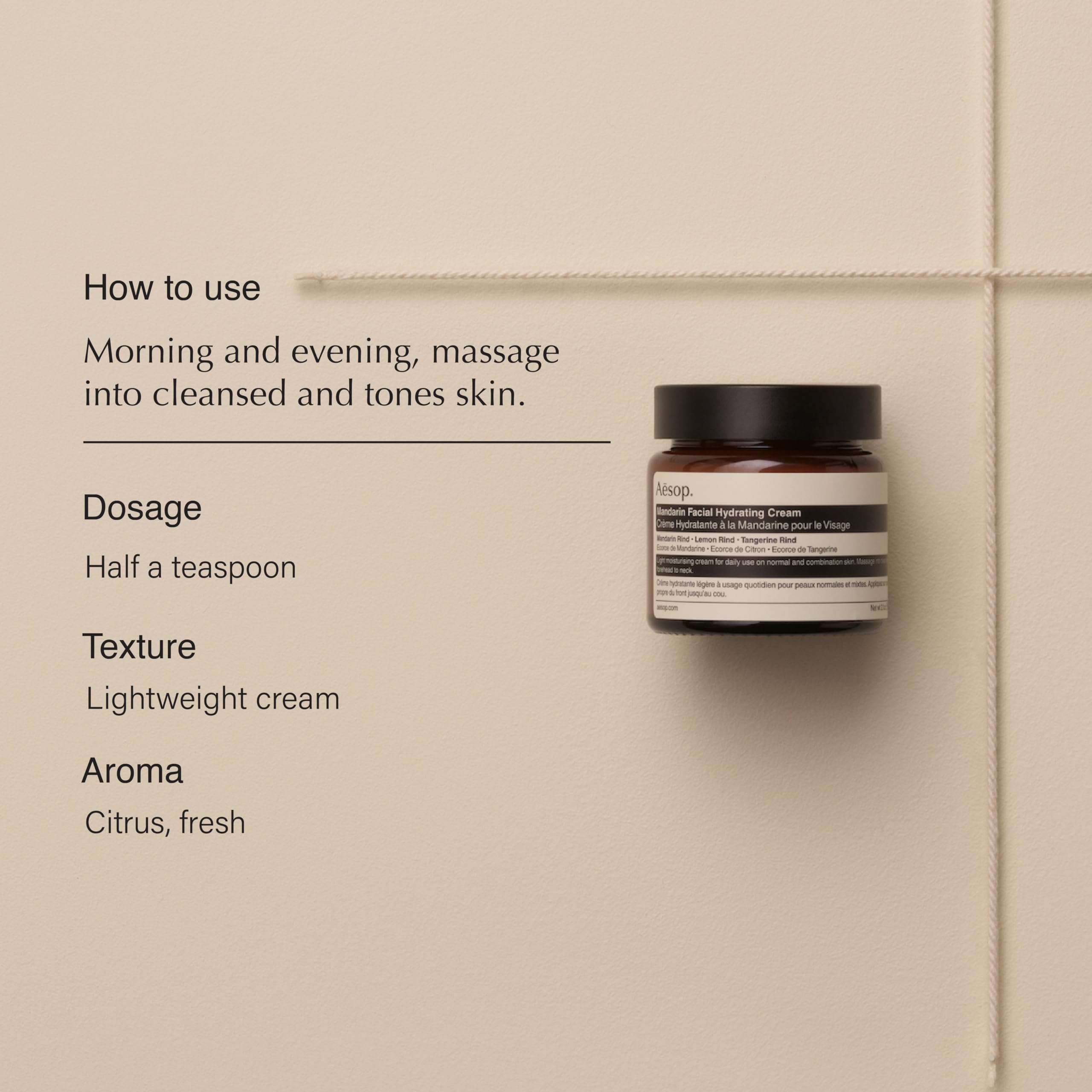 Aesop Mandarin Facial Hydrating Cream pump-dispense image, easy morning application.