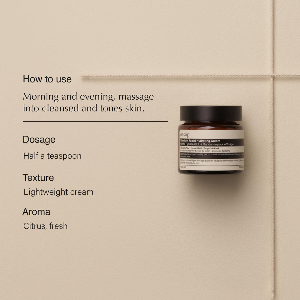 Aesop Mandarin Facial Hydrating Cream pump-dispense image, easy morning application.