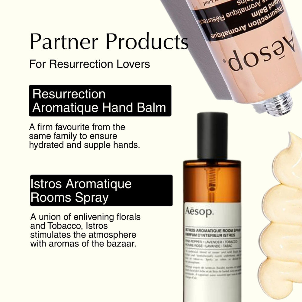 Aesop Resurrection cruelty-free badge on packaging communicates responsible beauty choice.