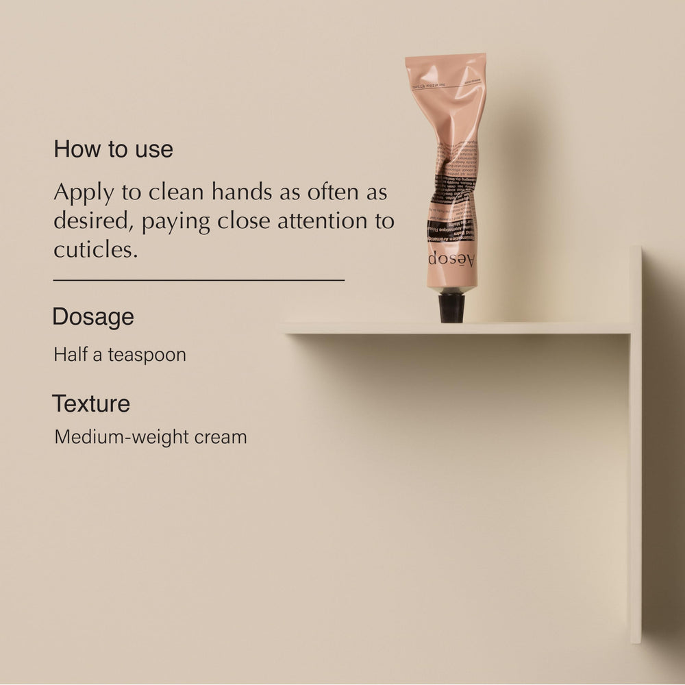Aesop Resurrection Hand Balm applied on hand demonstrates a smooth, greaseless finish.