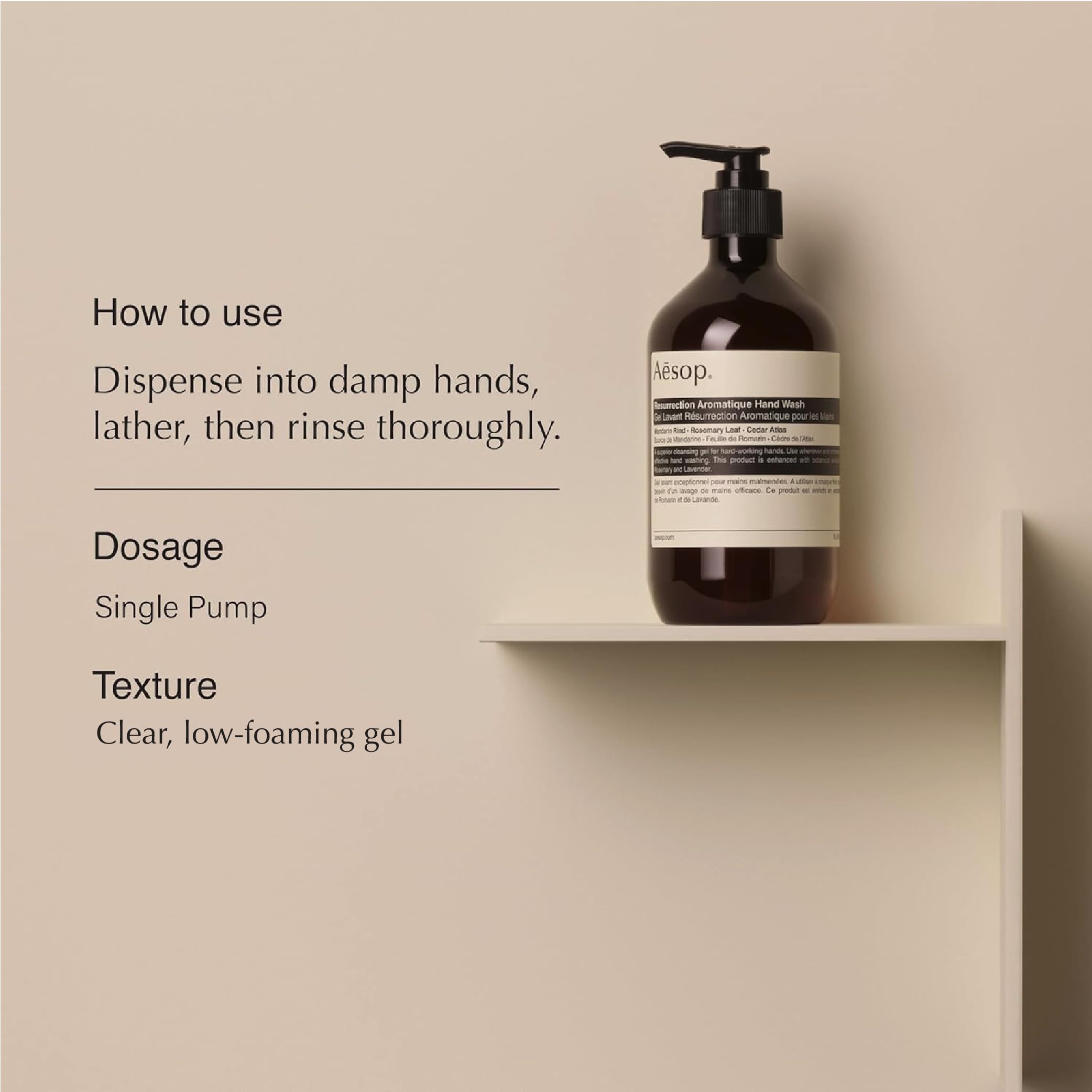 Close-up of Aesop Resurrection Hand Wash bottle highlighting mandarin citrus for a refreshing cleanse.