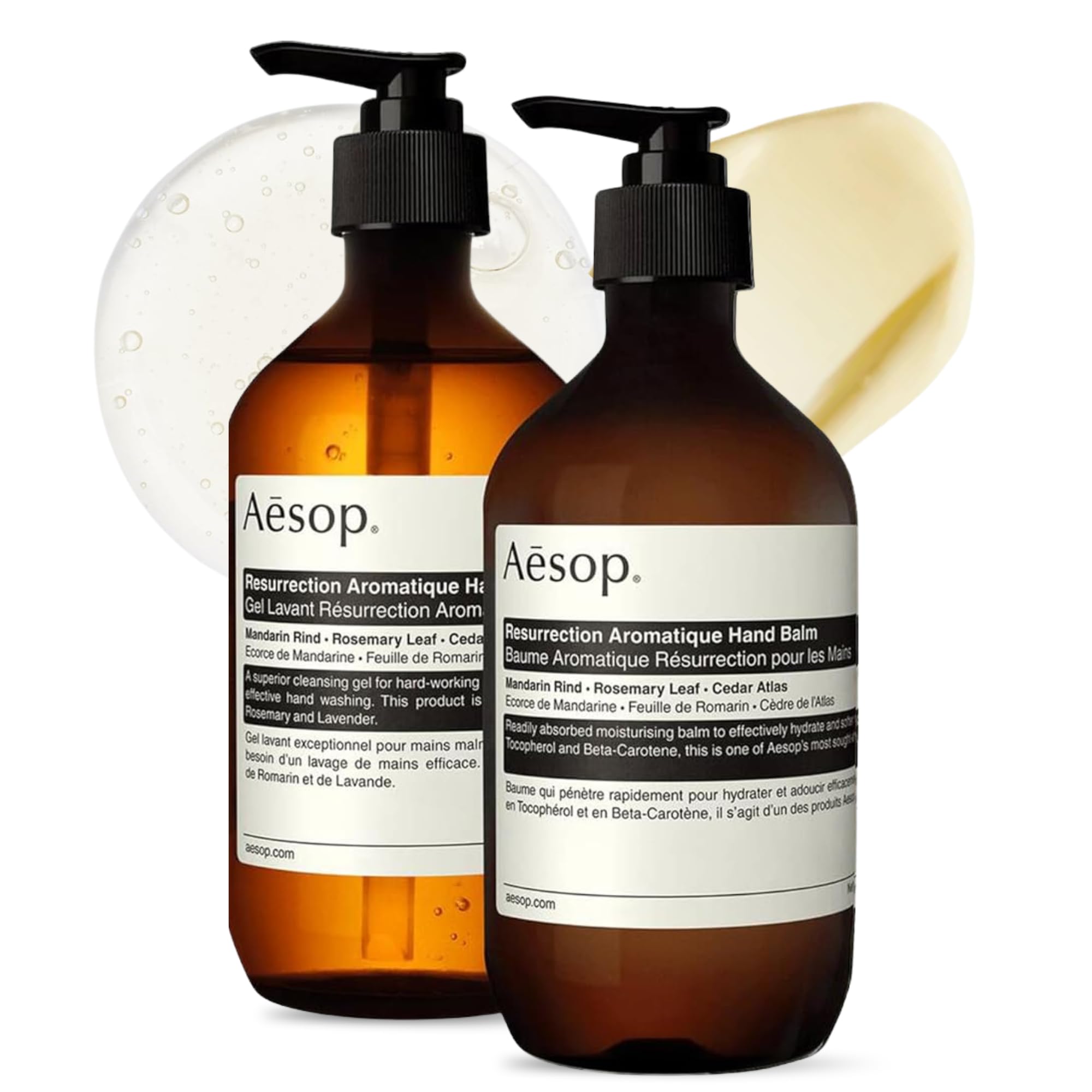 Aesop Resurrection Hand Wash and Balm set displayed on a sink for daily cleansing and hydration.