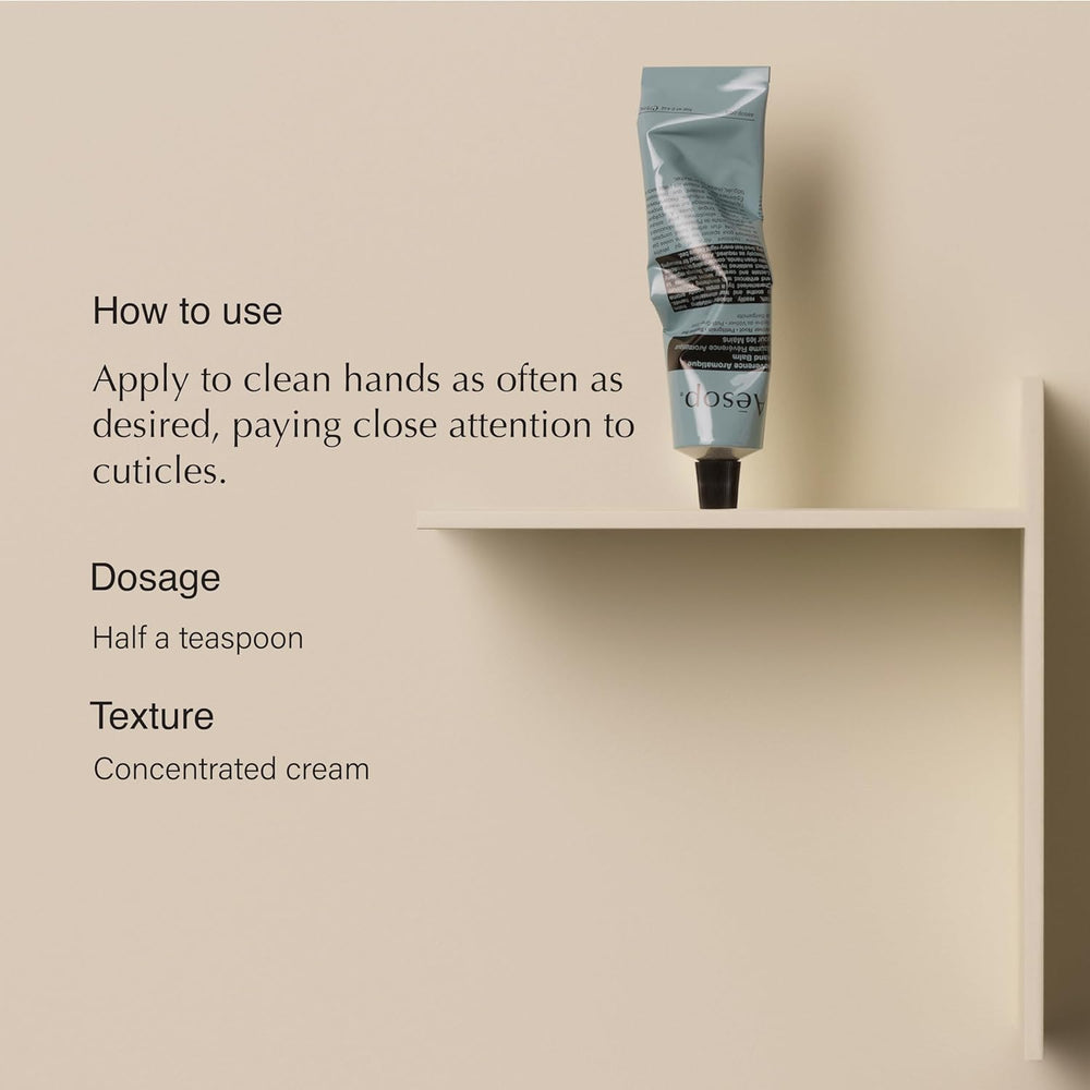 Aesop Reverence Aromatique Hand Balm application scene showing smooth hands