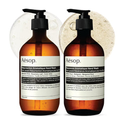 Aesop Reverence Aromatique Hand Wash bottle with pumice for gentle exfoliation.