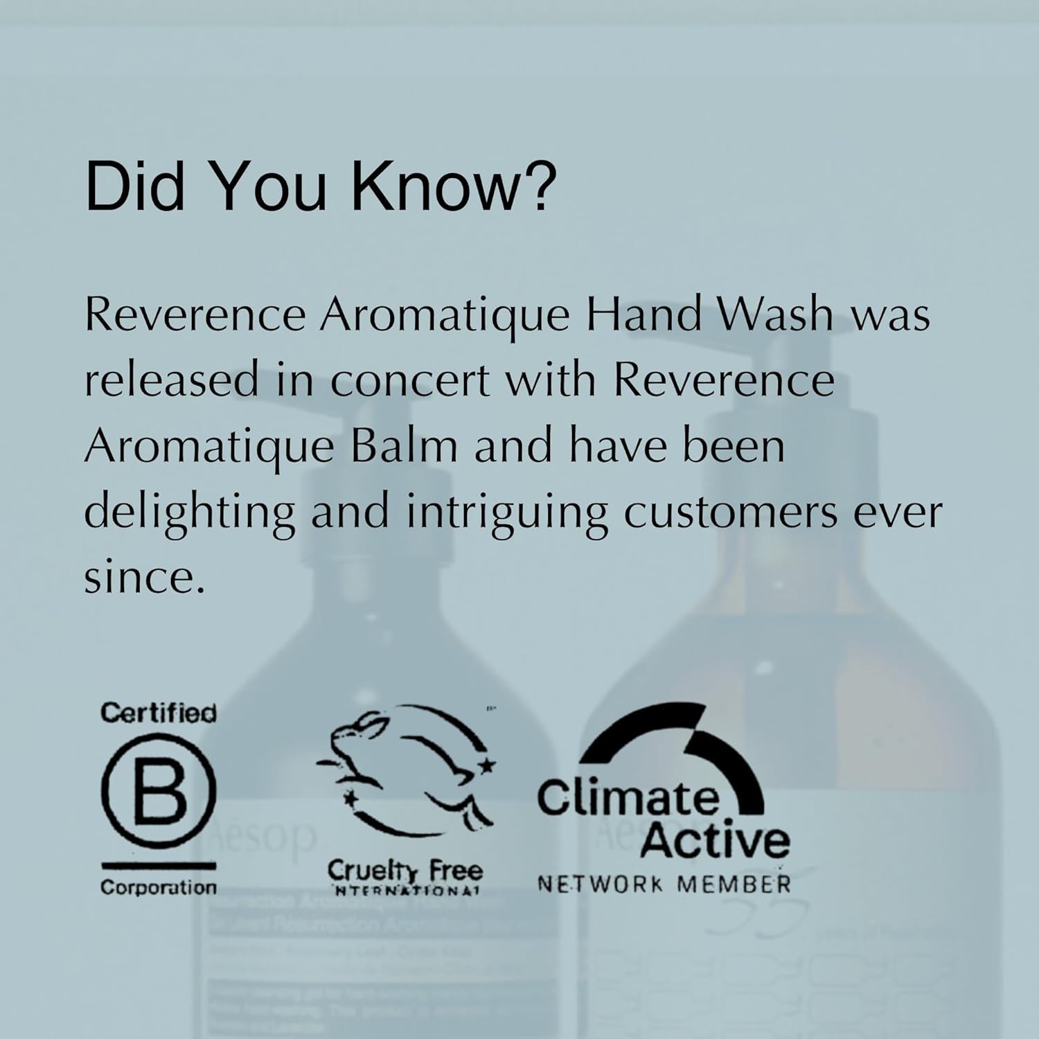 Ingredients highlight vetiver root and bergamot rind in Reverence hand wash