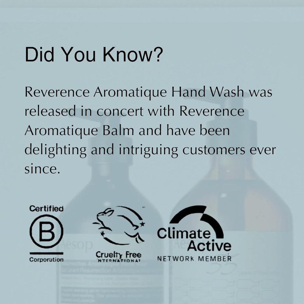 Ingredients highlight vetiver root and bergamot rind in Reverence hand wash
