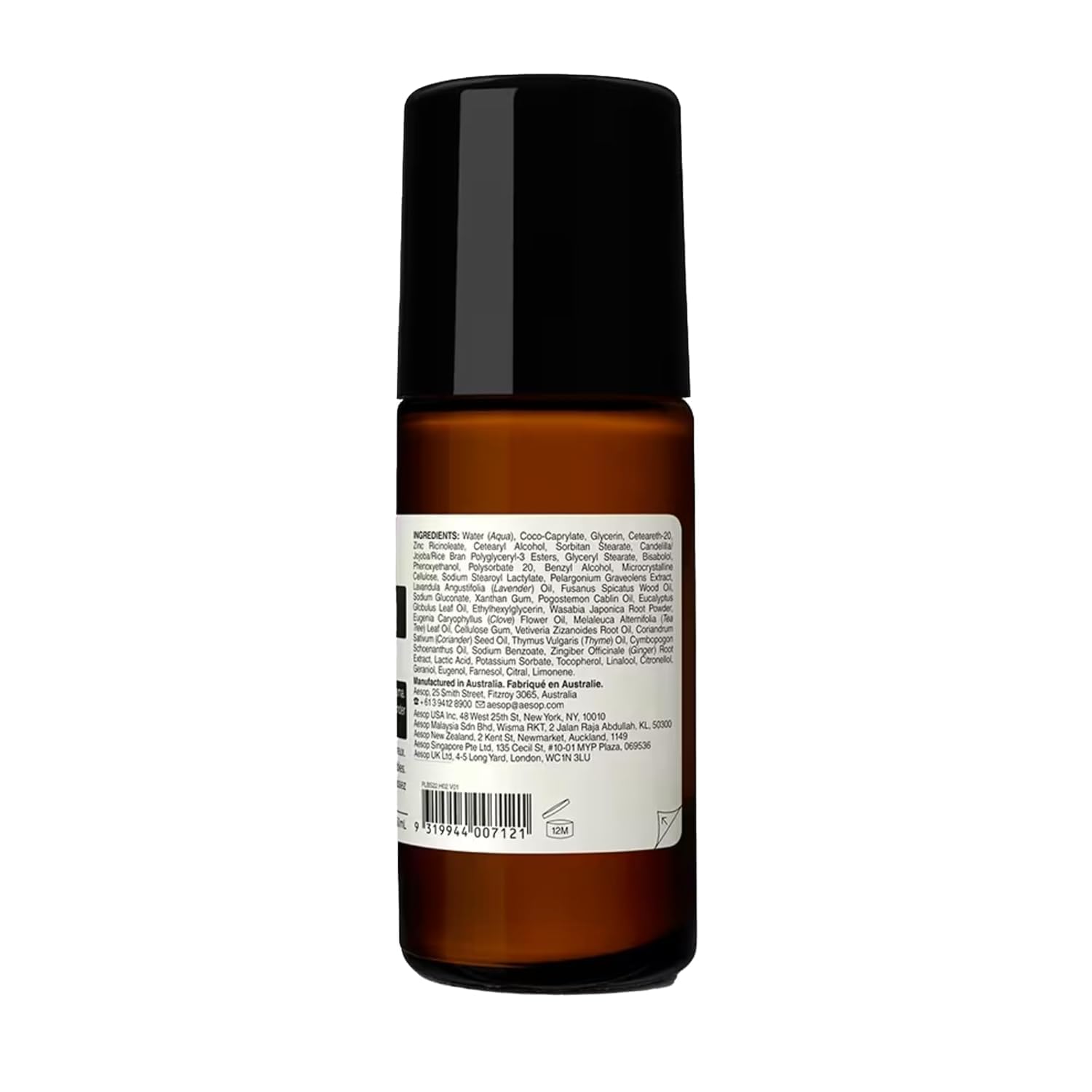 Aesop Roll-On Deodorant bottle labeled alcohol free for sensitive skin