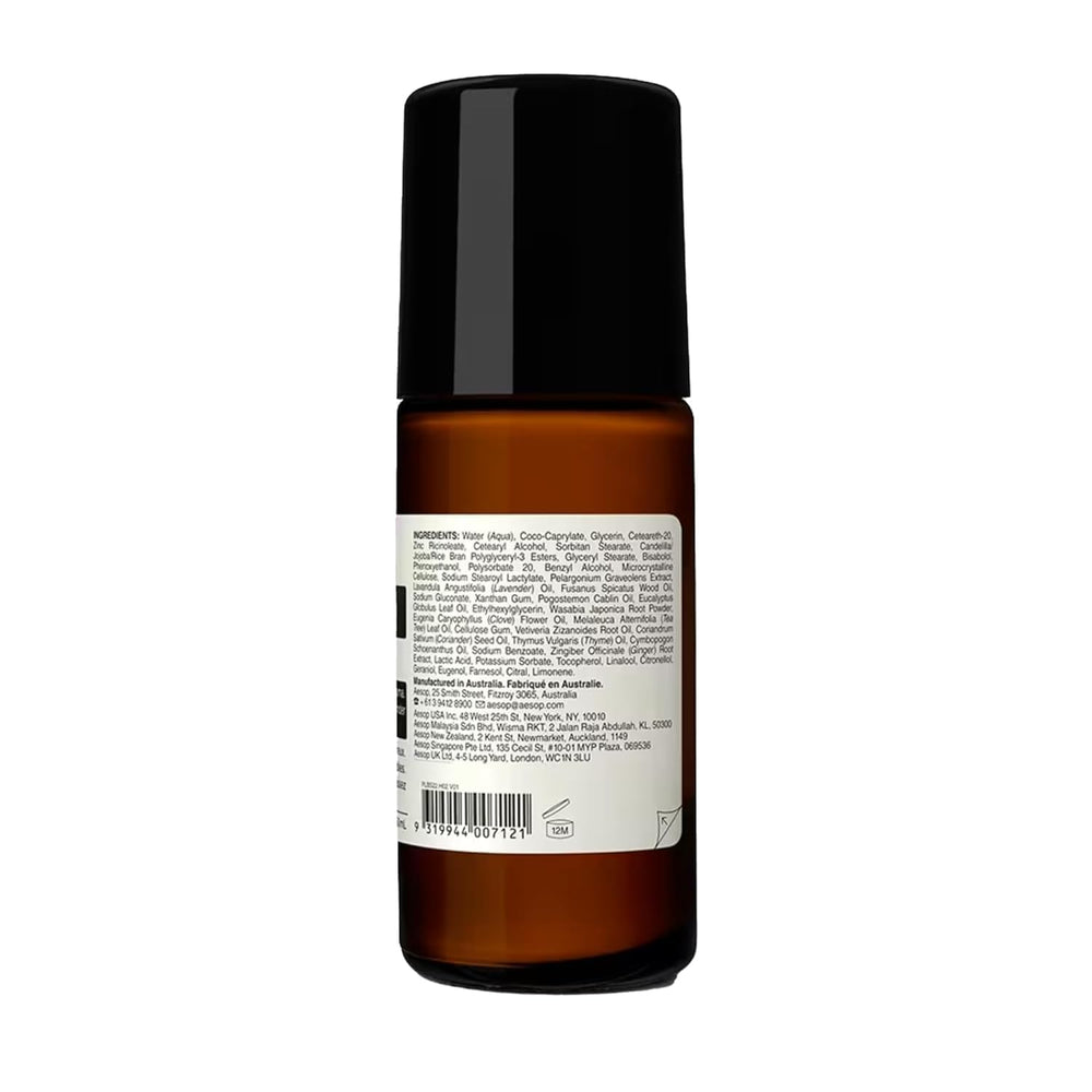 Aesop Roll-On Deodorant bottle labeled alcohol free for sensitive skin