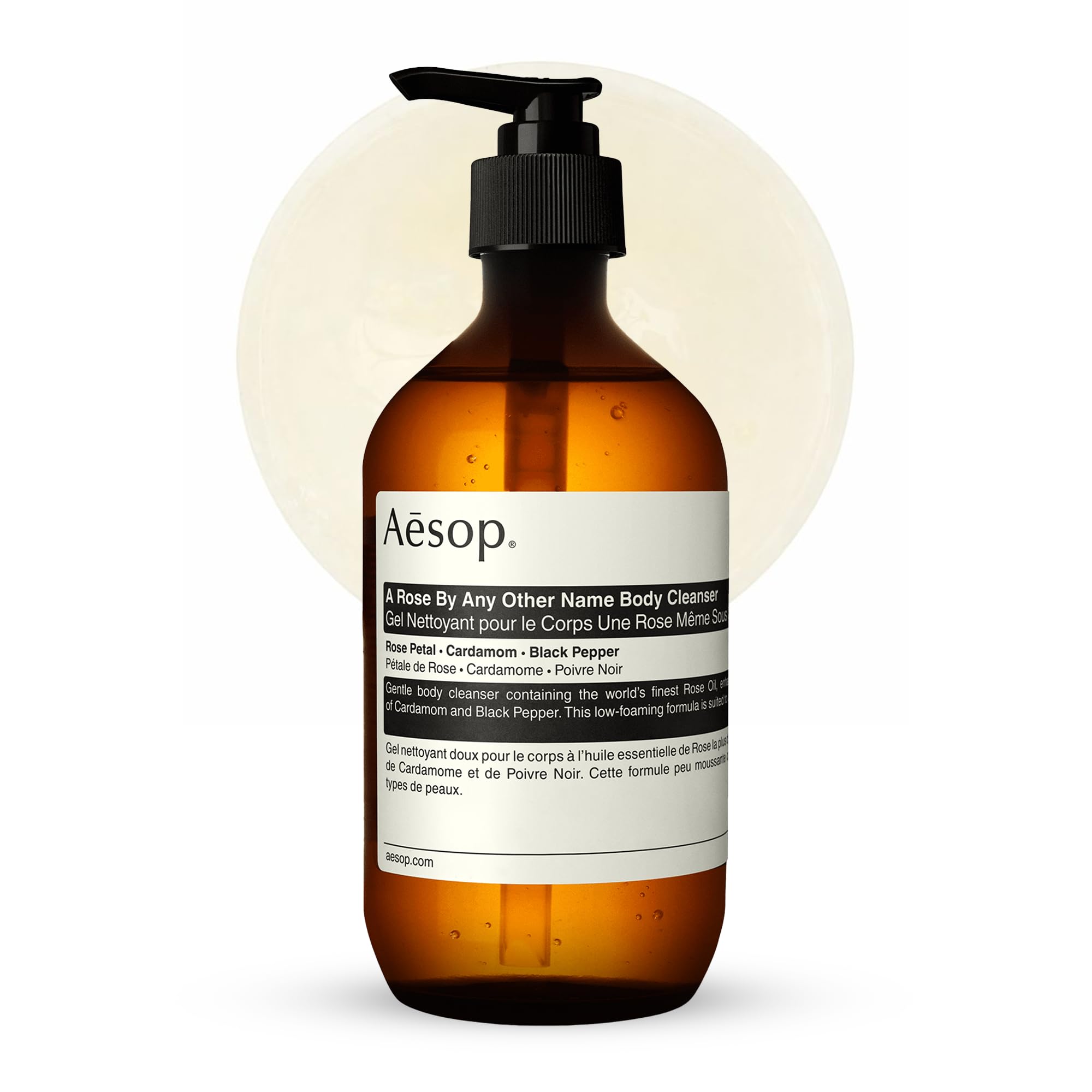 Aesop Rose Body Cleanser bottle on a bathroom shelf, gentle daily cleanse.
