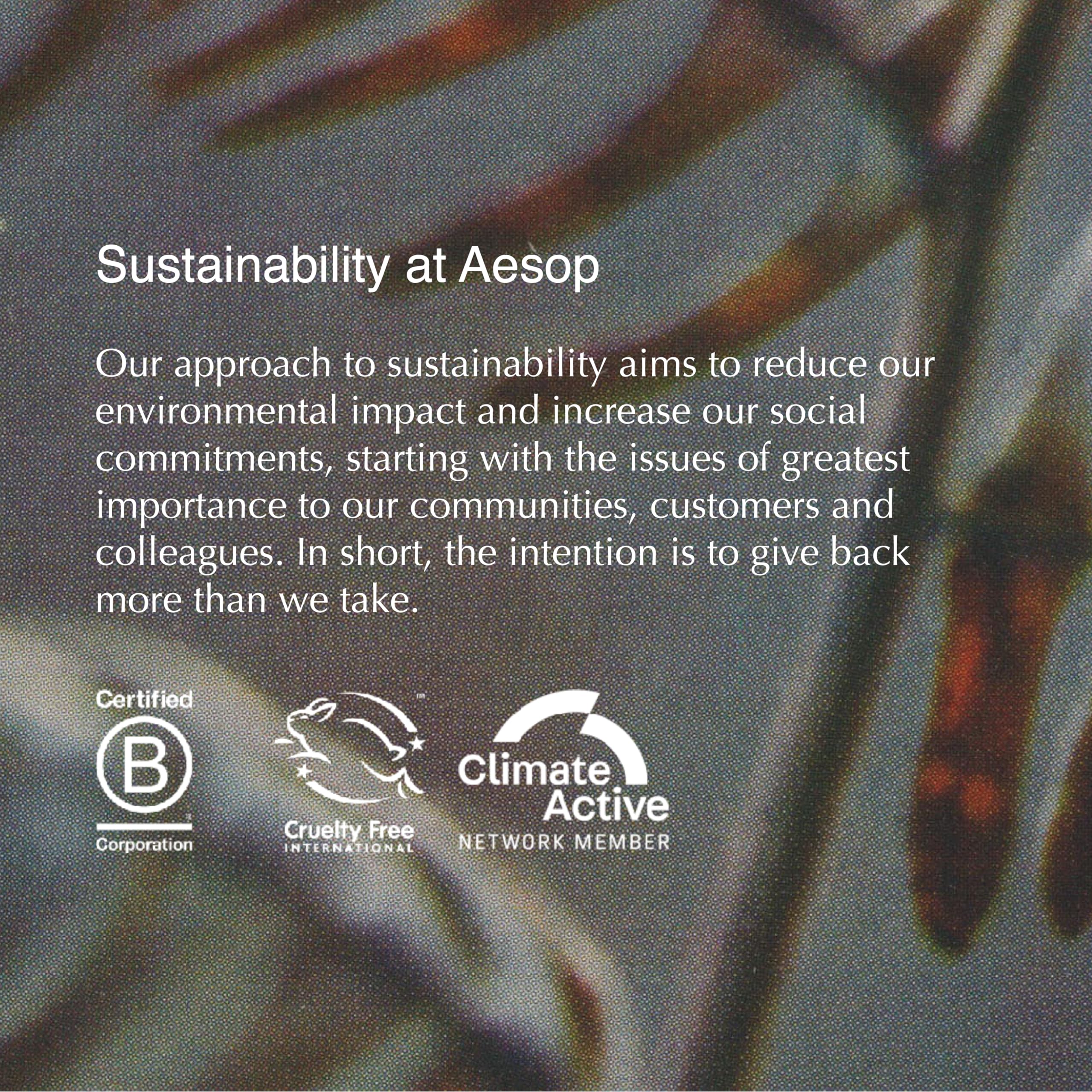 Aesop shampoo product shot emphasizing premium ingredients and sustainability.