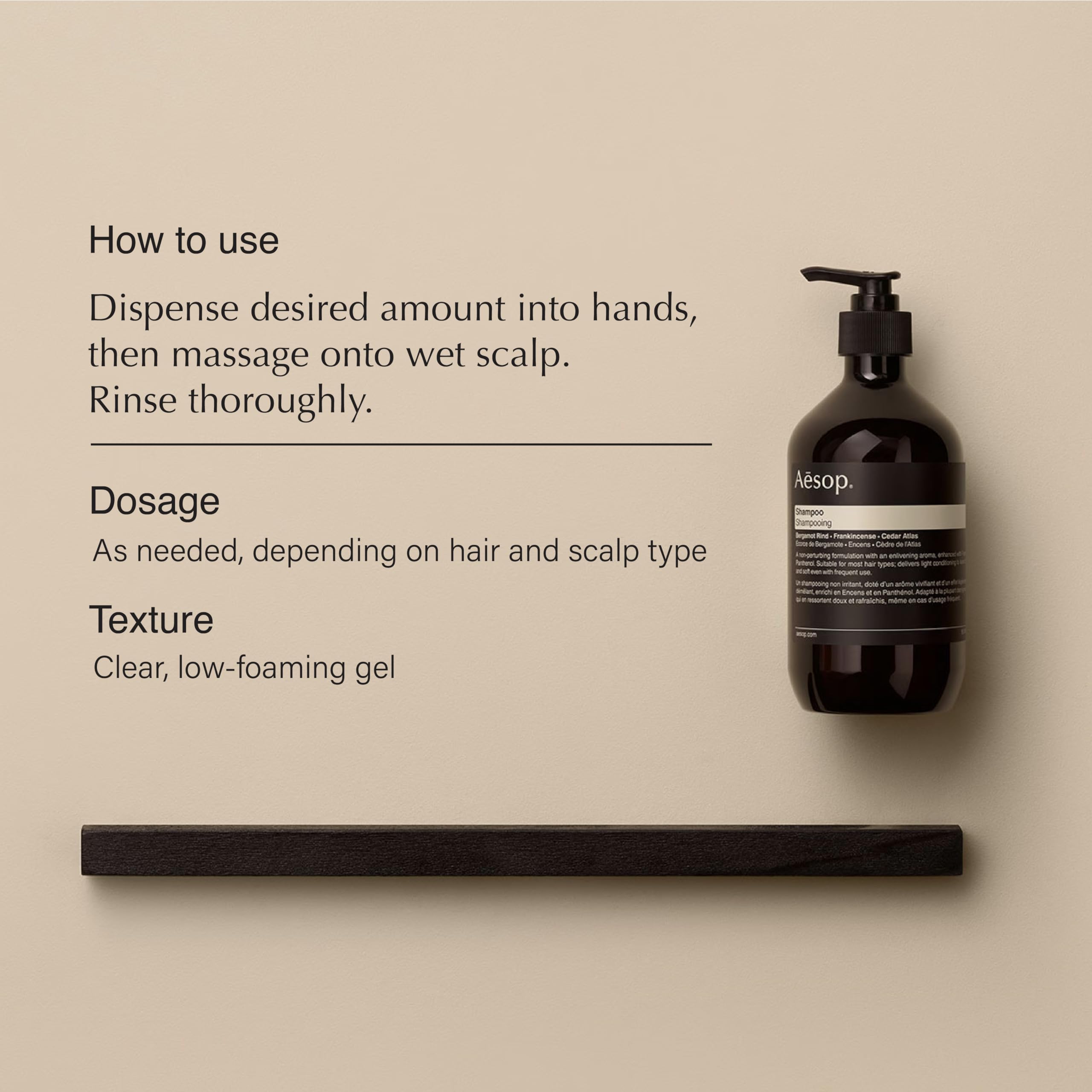 Aesop shampoo bottle featuring frankincense, highlighting gentle cleansing and earthy fragrance.