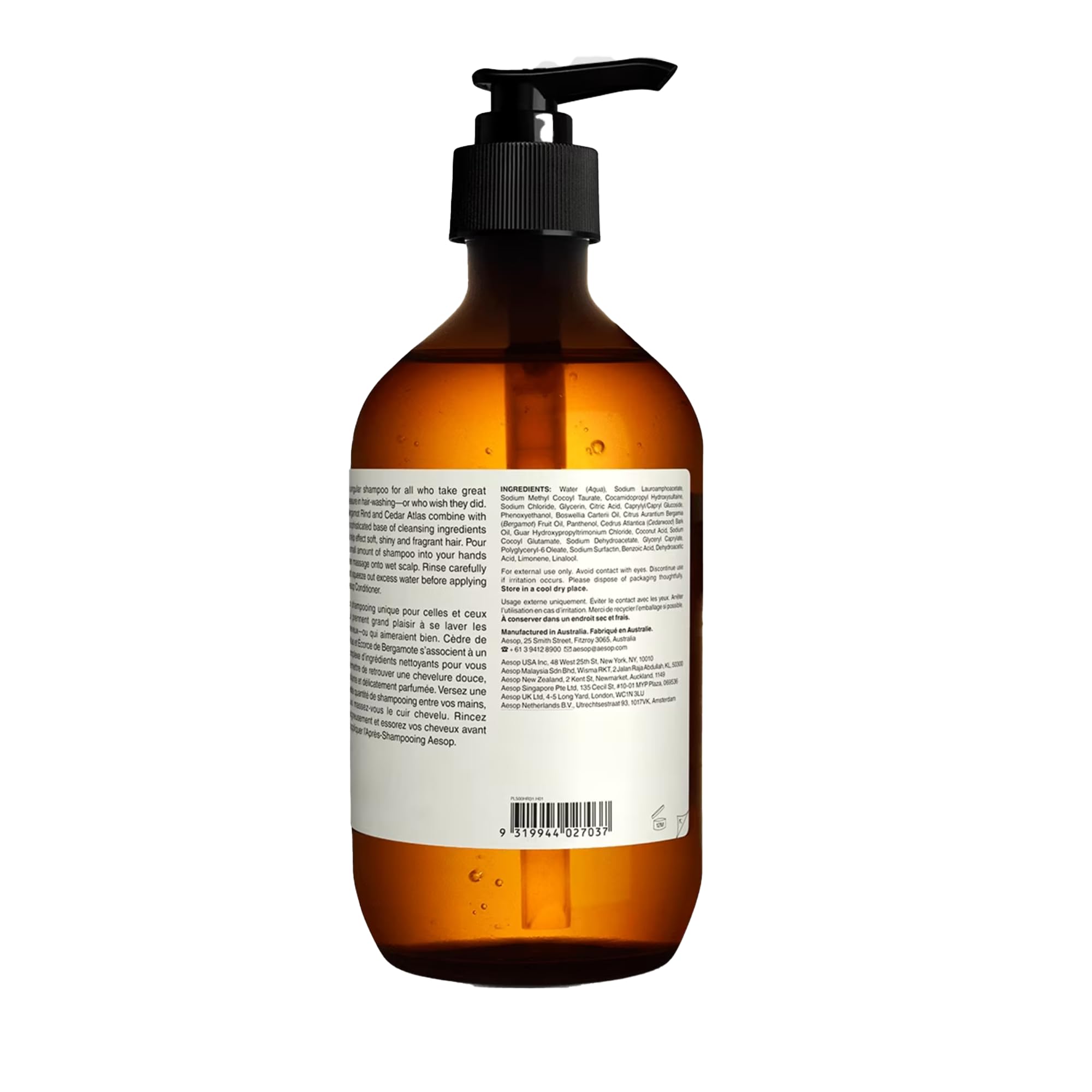 Aesop shampoo bottle on recyclable packaging signaling vegan and cruelty-free credentials.