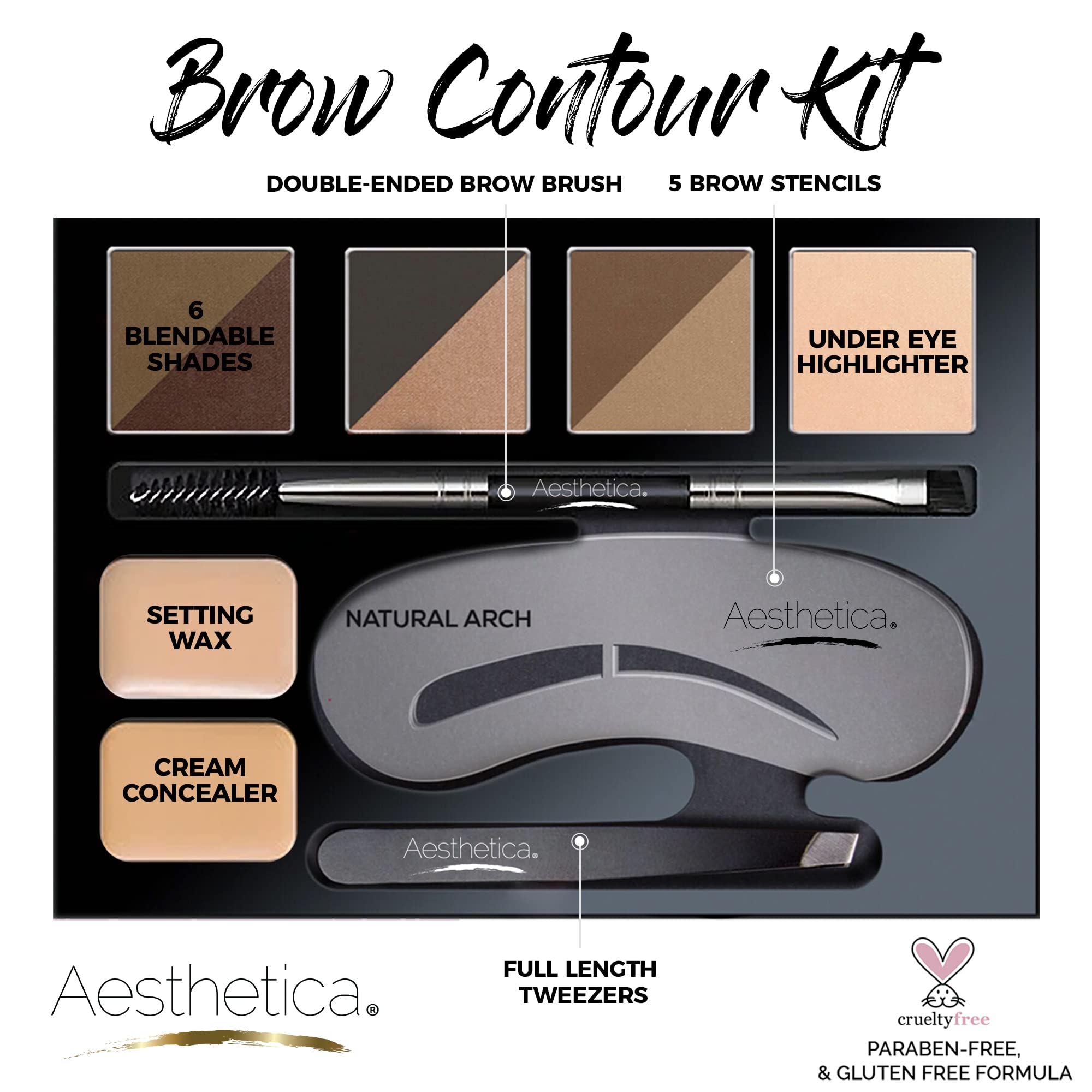 Aesthetica Brow Contour Kit powder shades arranged from Soft Blonde to Ebony for versatile brow tone