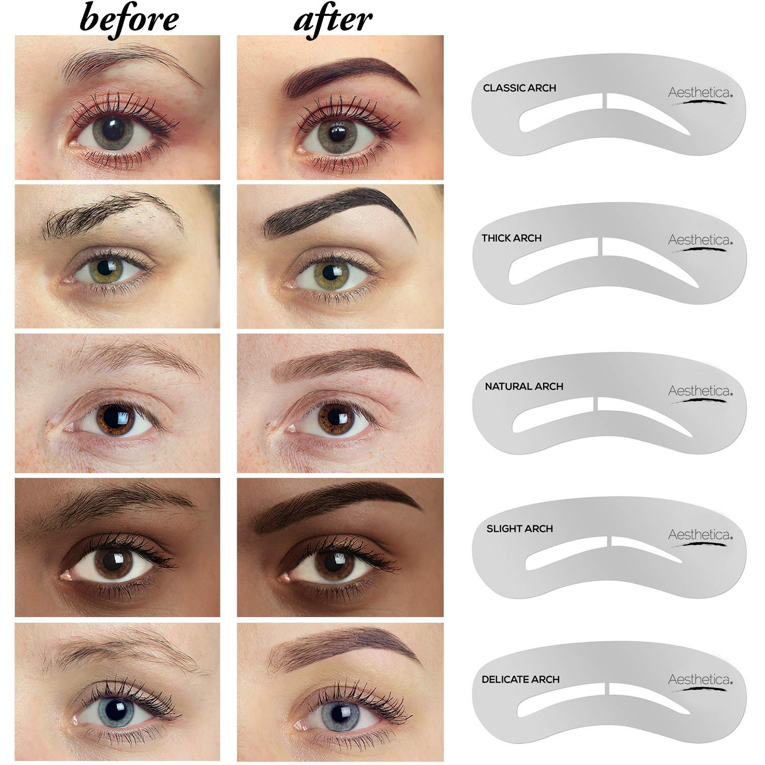 Aesthetica Brow Contour Kit stencils help map precise arches for quick everyday shaping