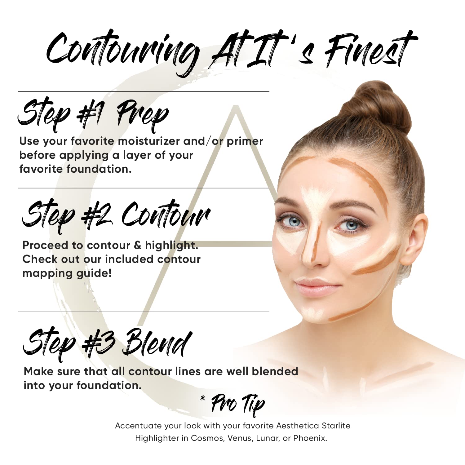 Aesthetica contour-shade swatches showcase six blendable tones for fair to deep skin.