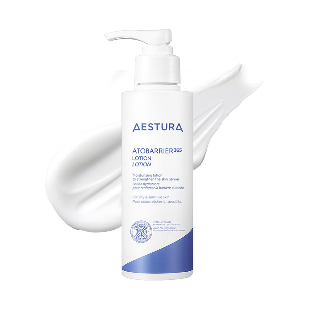 AESTURA ATOBARRIER365 bottle close-up with fragrance-free barrier-supporting formula.