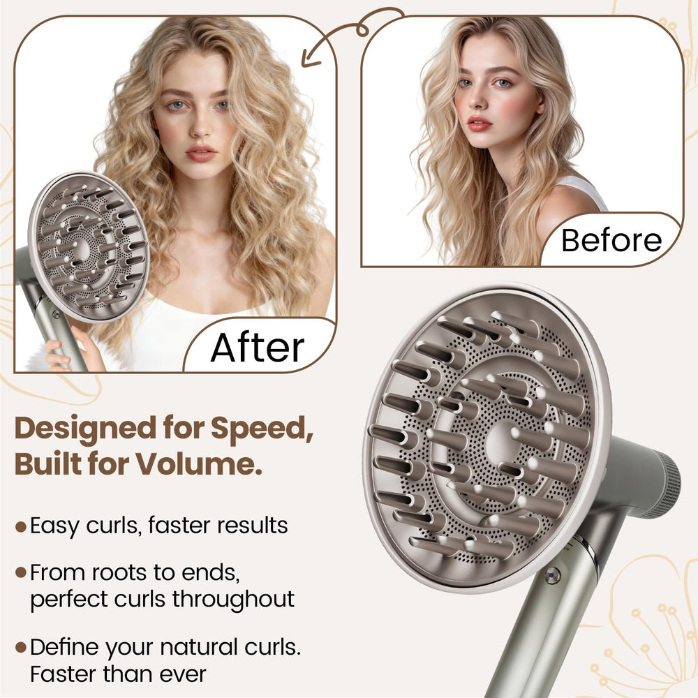 AFDD diffuser evenly distributes heat with deep teeth for consistent curl pattern.