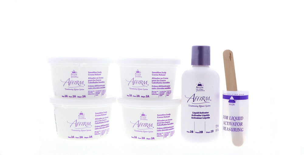 Affirm Relaxer Kit sealed packaging showing four-application design and safety notes