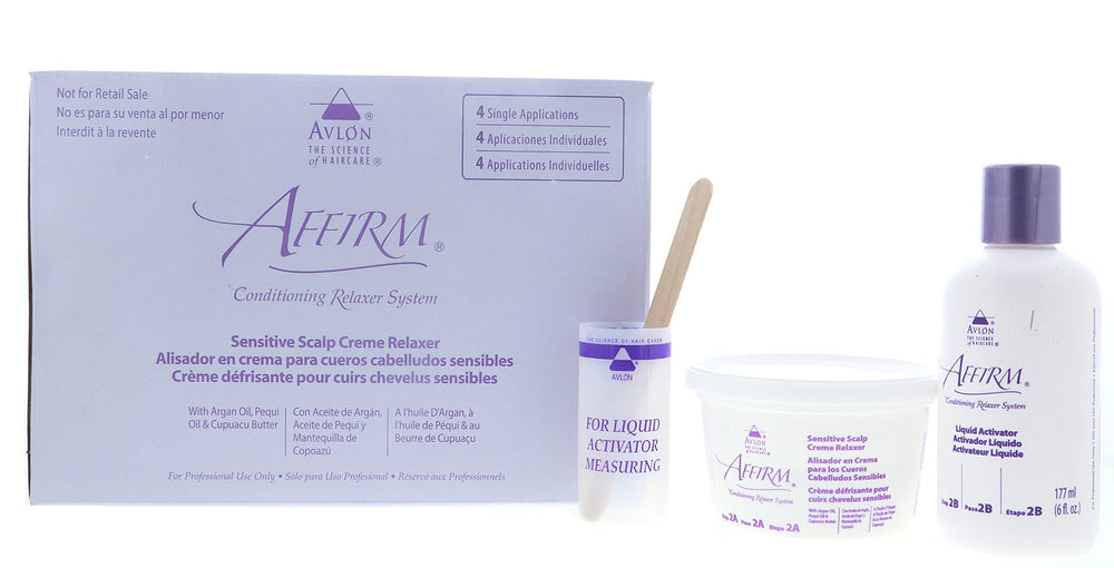 Affirm Relaxer Kit tubes and applicators laid out for an easy four-application routine