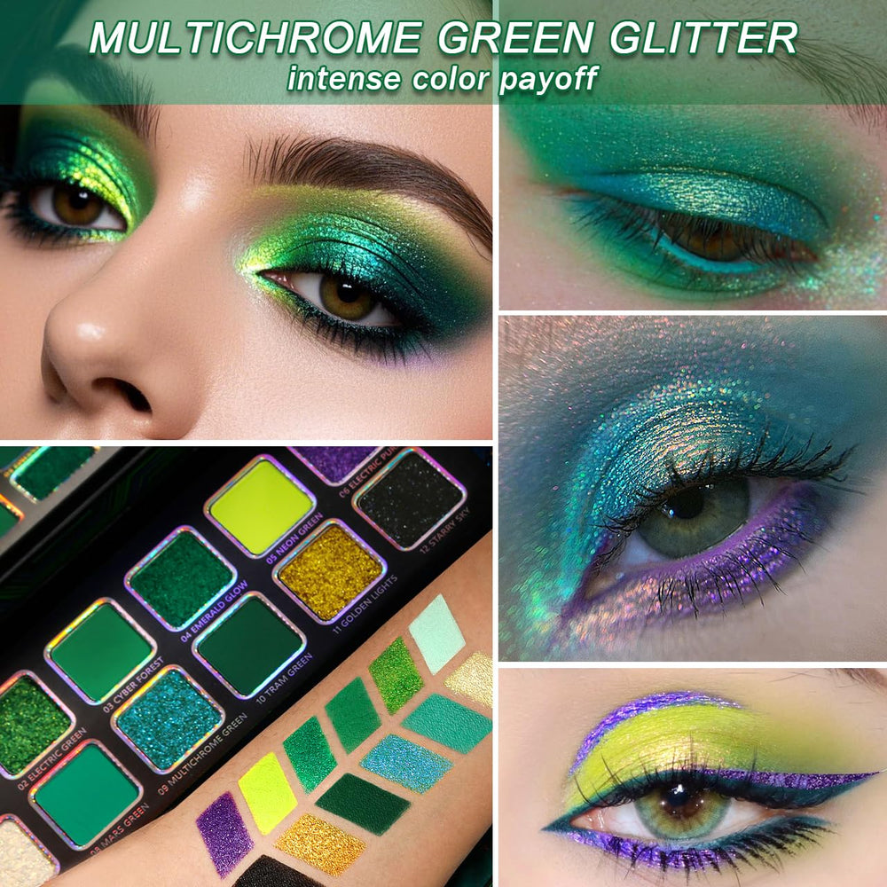 Afflano aplicación de sombra verde multicromática para delinear ojos definidos.