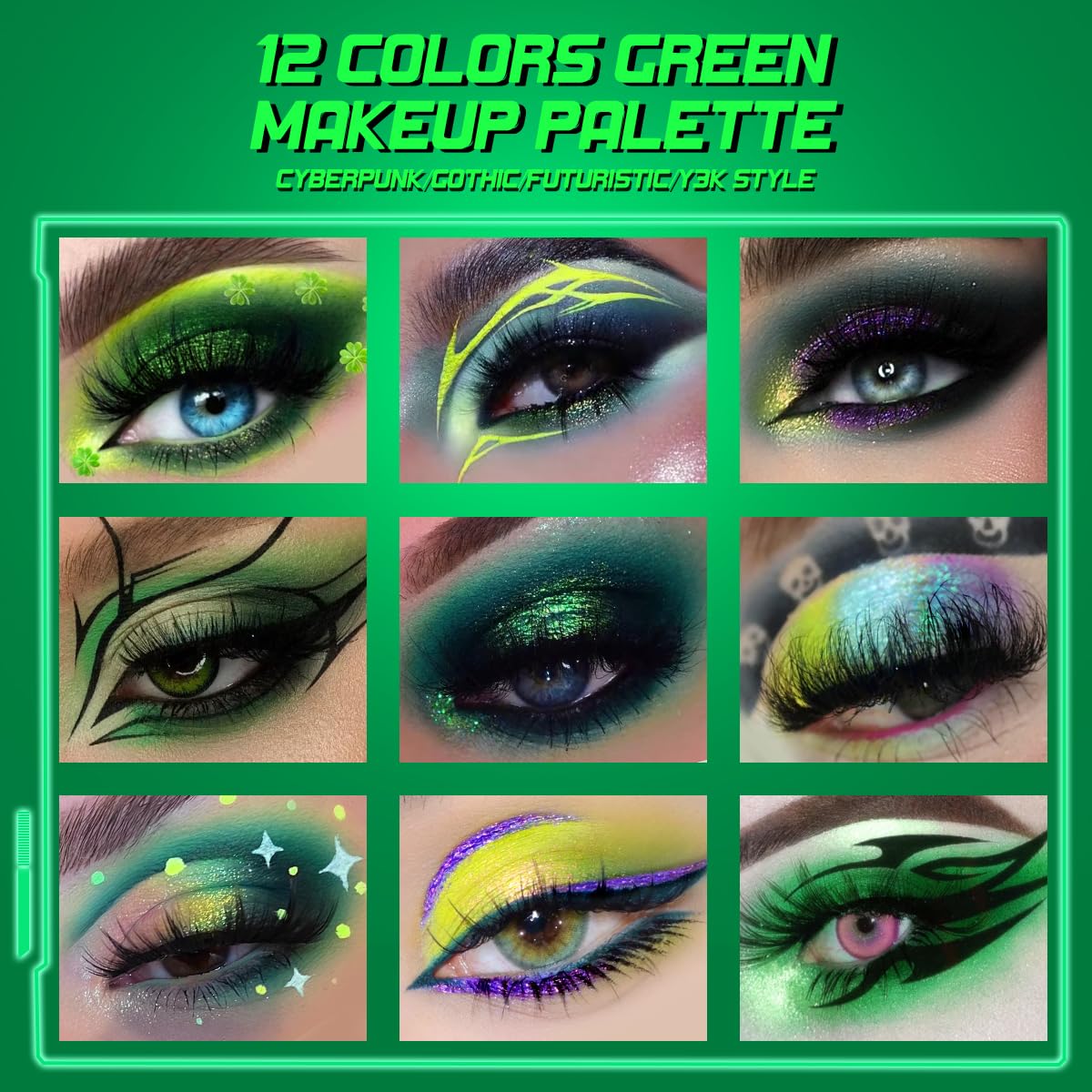 Afflano maquillaje festivo verde multicromático para cosplay o fiesta.
