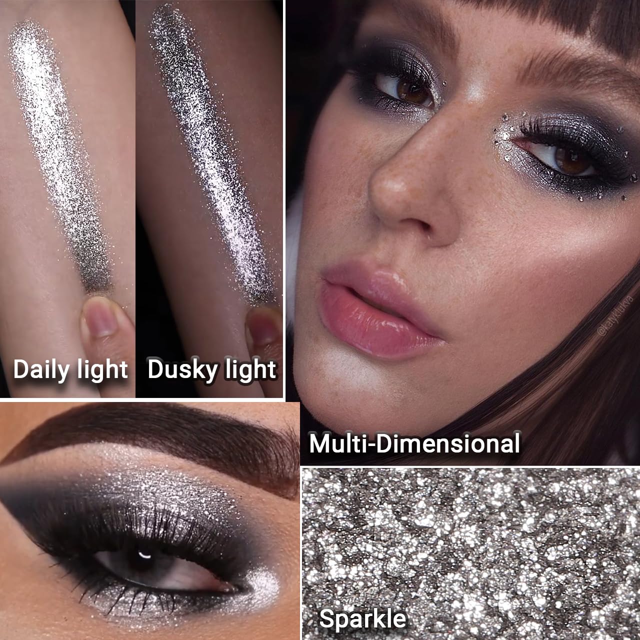 Afflano silver glitter eyeshadow swatch closeup showing rich pigment and texture