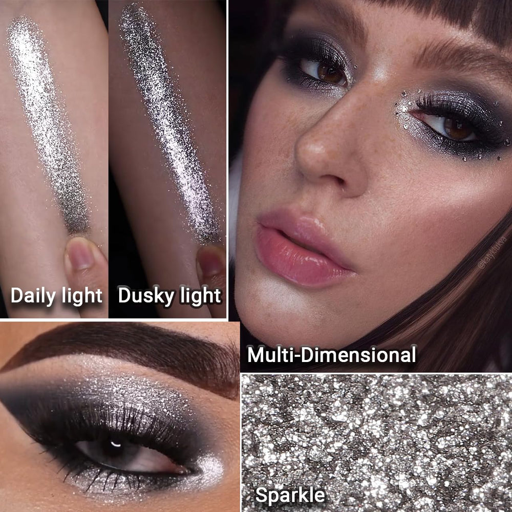 Afflano silver glitter eyeshadow swatch closeup showing rich pigment and texture