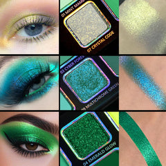 Afflano sombra verde multicromática en primer plano con brillo metálico visible.