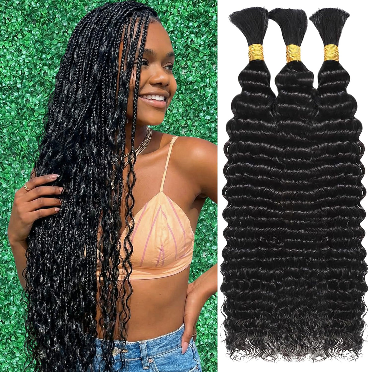 Afihond deep water wave bulk hair shows vibrant waves for boho braids and long-lasting style.