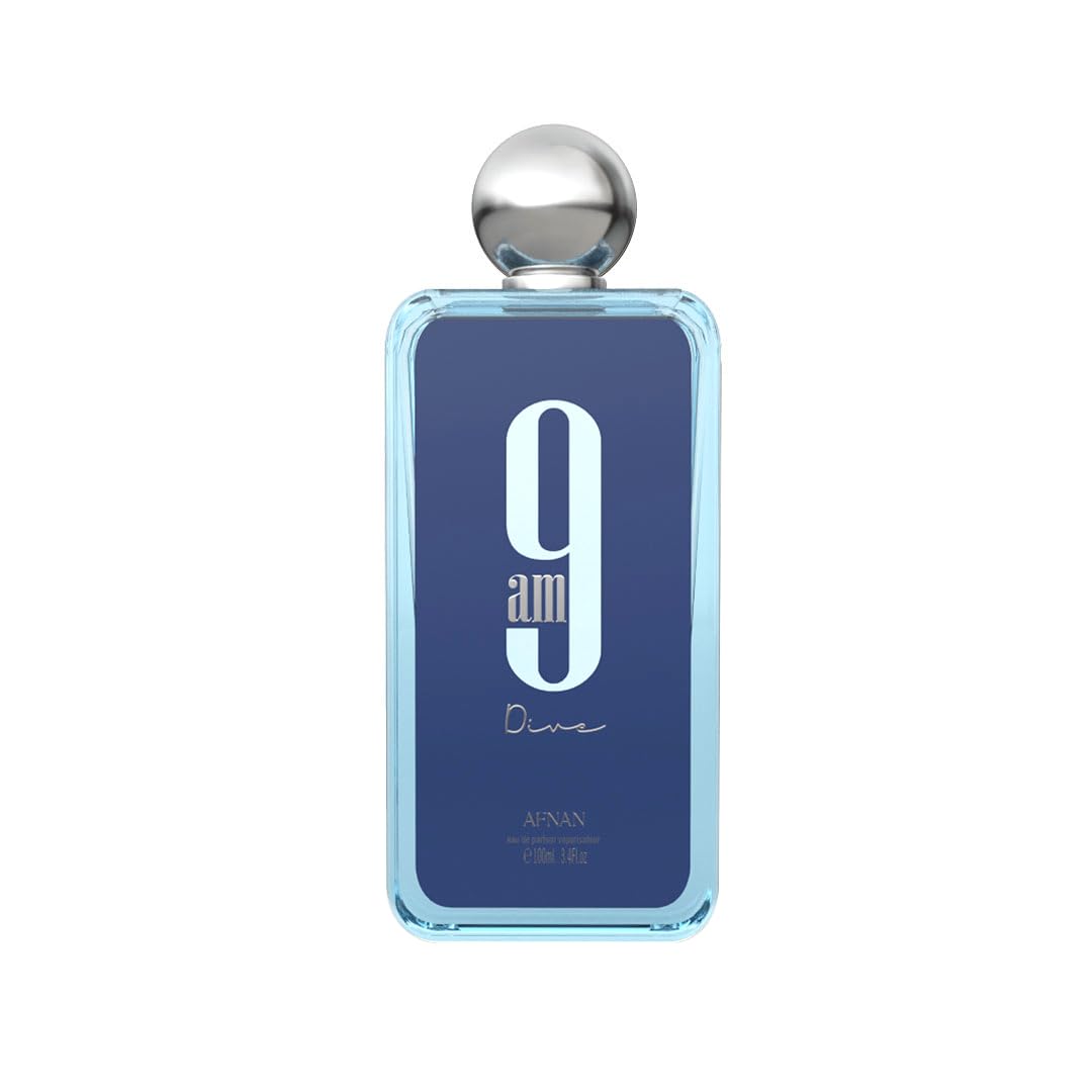 Afnan 9 AM Dive bottle front design conveying modern luxury and everyday appeal.