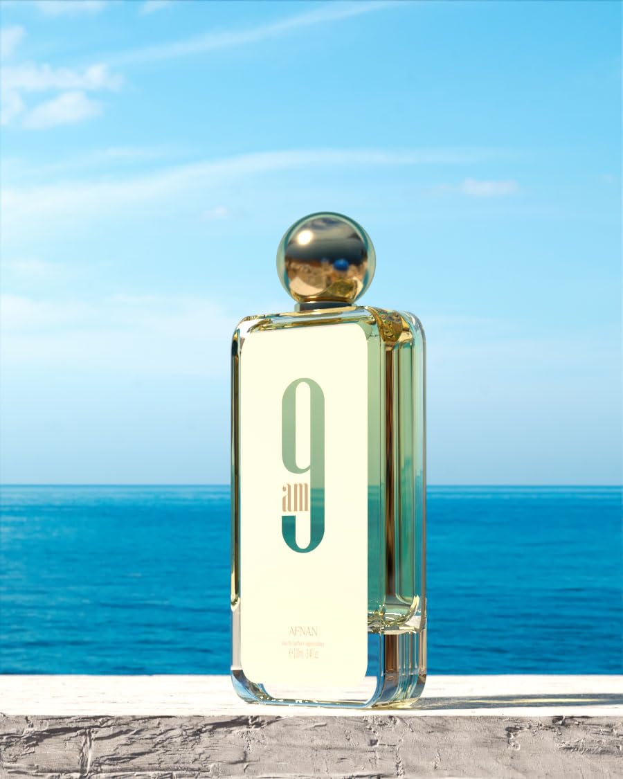 Afnan 9 AM close-up on the label emphasizes brand clarity