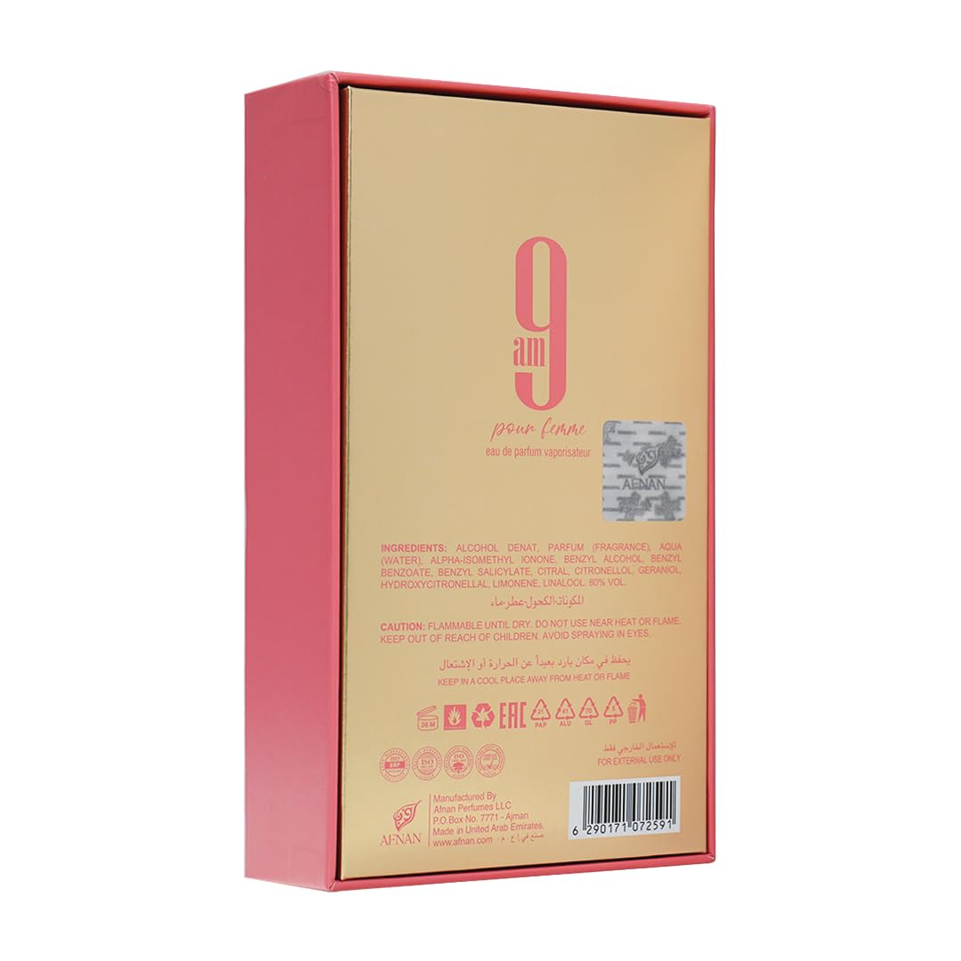Afnan 9 AM Pour Femme base notes image highlights musk, orange, amber for a warm aroma.