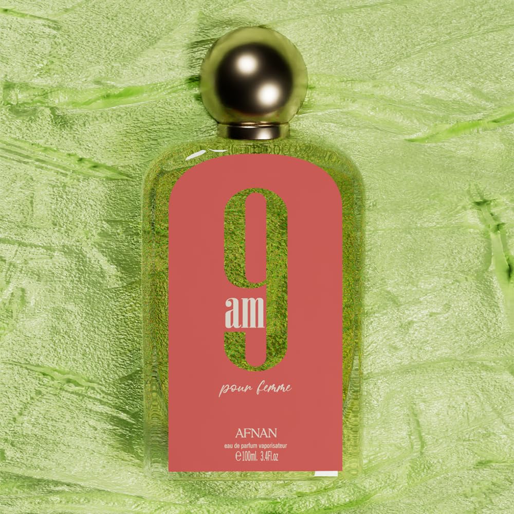 Afnan 9 AM Pour Femme label close-up emphasizes quality cues for confident wear.