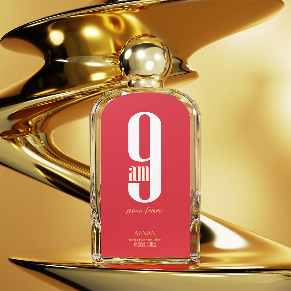 Afnan 9 AM Pour Femme packaging image features a sleek, gift-ready presentation.