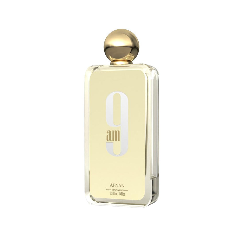 Afnan 9 AM top notes highlight mandarin and pink pepper for an uplifting opening