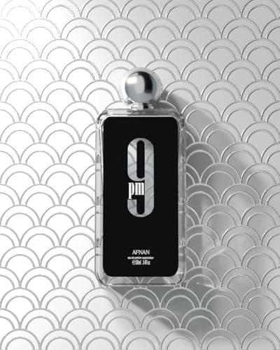 Afnan 9 PM for Men bottle base-notes patchouli amber vanilla for lasting finish.